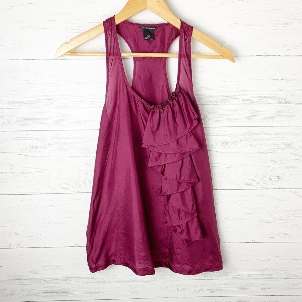 Club Monaco Silk Sleeveless Blouse Eggplant Racerback Ruffle Purple